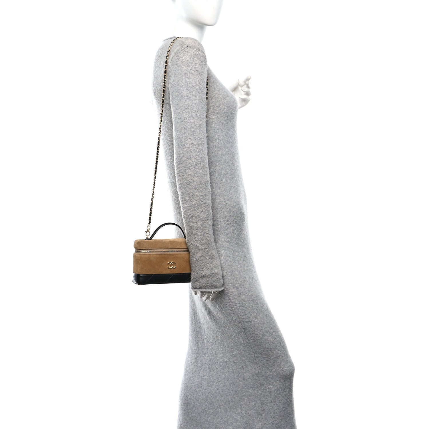 Chanel Suede Calfskin Shiny Lambskin Stitched Top Handle Slim Vanity Case With Chain Beige Black 2 of 11