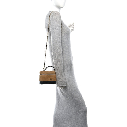 Chanel Suede Calfskin Shiny Lambskin Stitched Top Handle Slim Vanity Case With Chain Beige Black 2 of 11