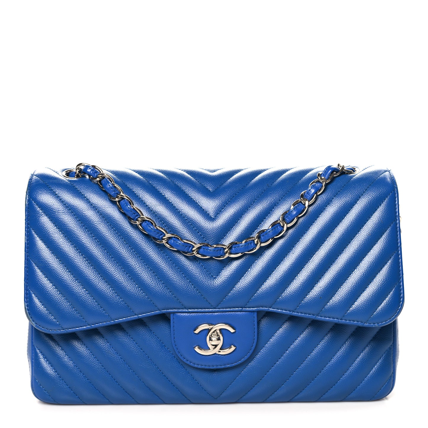 Caviar Chevron Quilted Jumbo Double Flap Blue