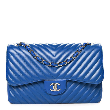 Chanel Caviar Chevron Quilted Jumbo Double Flap Blue 1 of 13