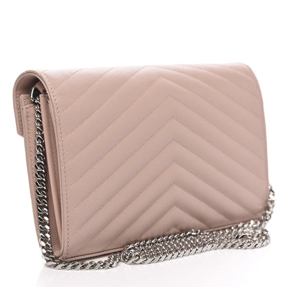 Saint Laurent Grain De Poudre Matelasse Chevron Monogram Chain Wallet Pale Pink 3 of 9