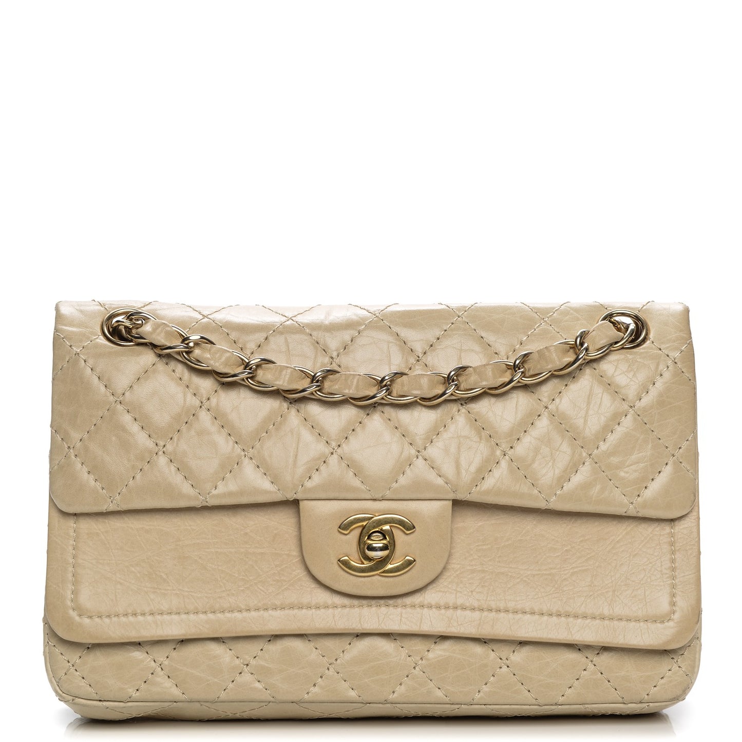 Aged Calfskin Medium Double Flap Beige