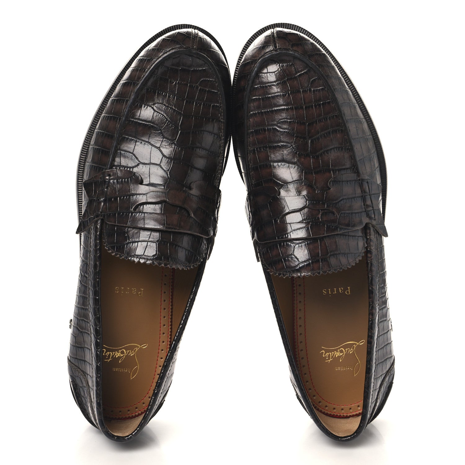 Christian Louboutin Calfskin Crocodile Embossed Mens No Penny Flat Loafers 42.5 Expresso 2 of 9