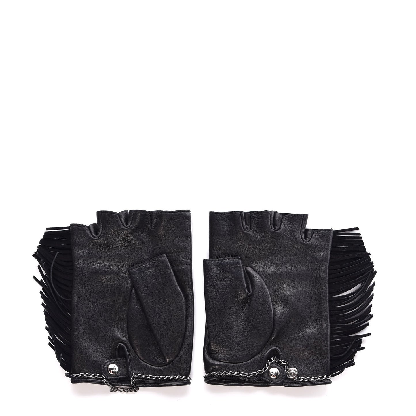 Lambskin Fringe Fingerless Gloves 8 Black