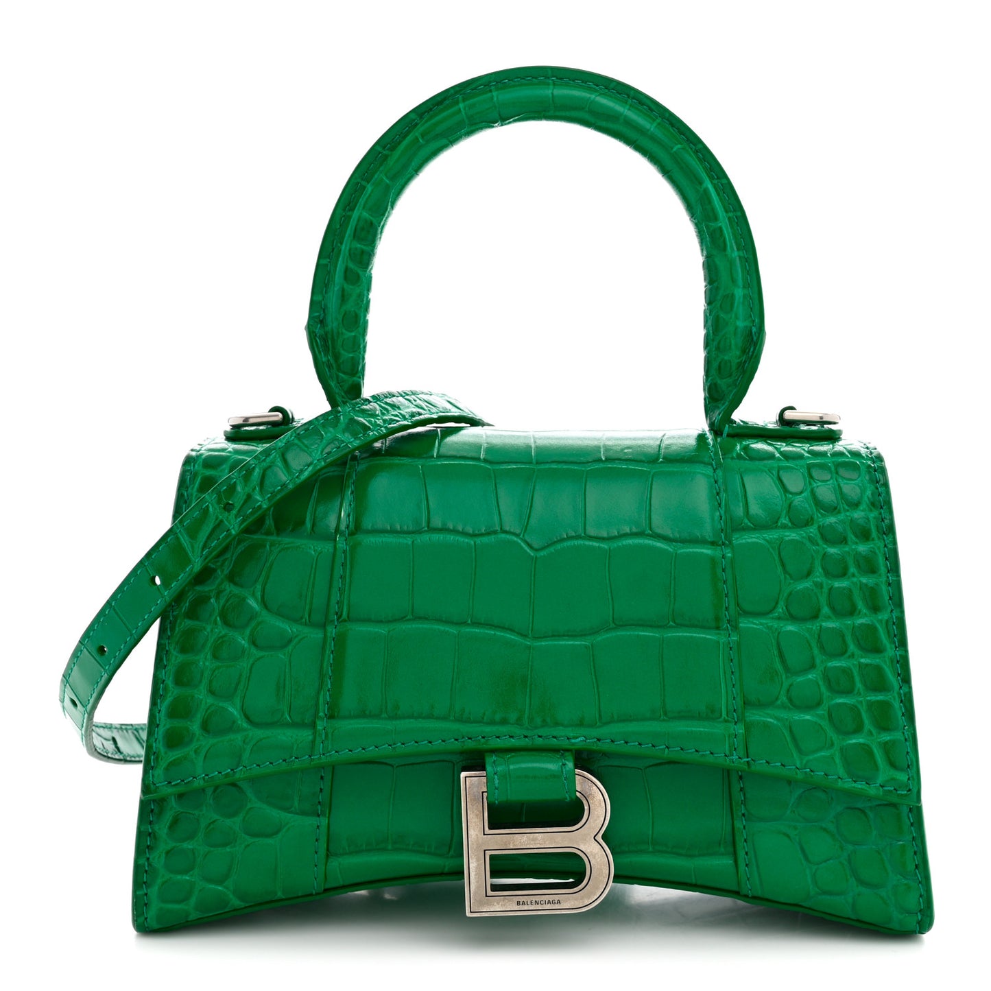 Shiny Calfskin Crocodile Embossed Hourglass Top Handle Bag XS Jade
