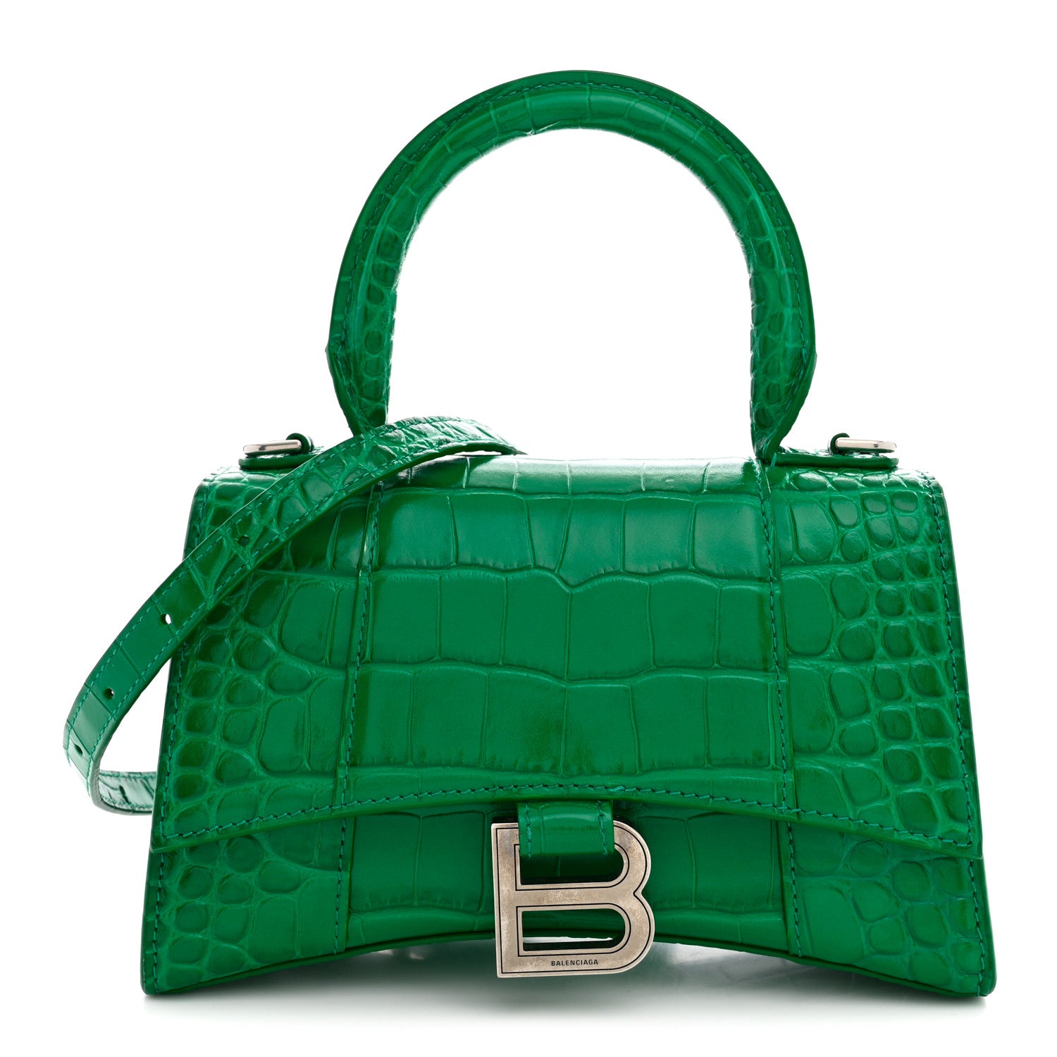 Balenciaga Shiny Calfskin Crocodile Embossed Hourglass Top Handle Bag XS Jade 1 of 10