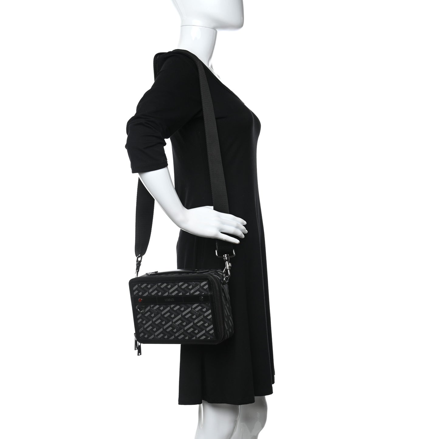 Coated Canvas La Greca Signature Messenger Bag Black Gray