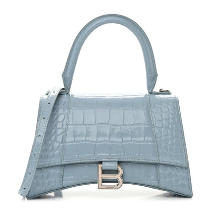 Balenciaga Shiny Calfskin Crocodile Embossed Small Hourglass Top Handle Bag Blue Grey 1 of 19