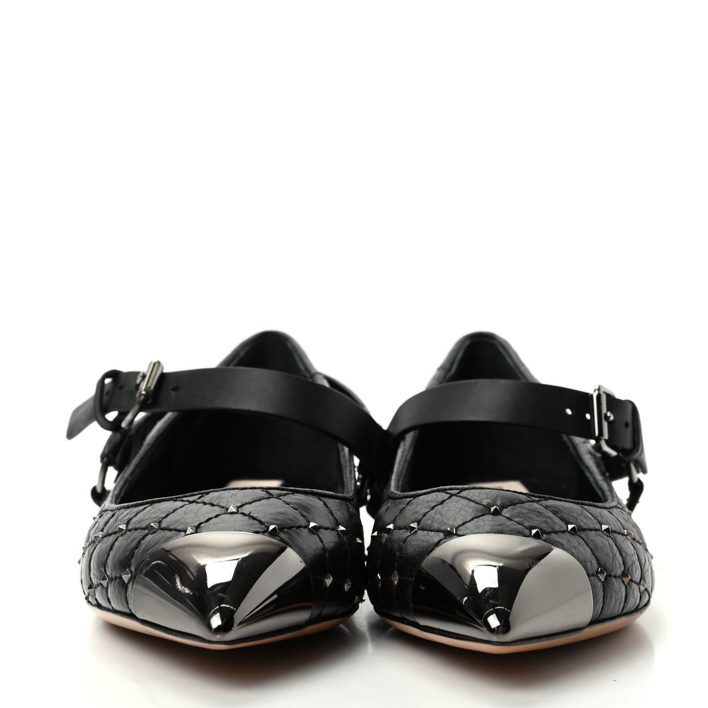 Crackled Lambskin Rockstud Spike Captoe Ballerina Flats 37 Black