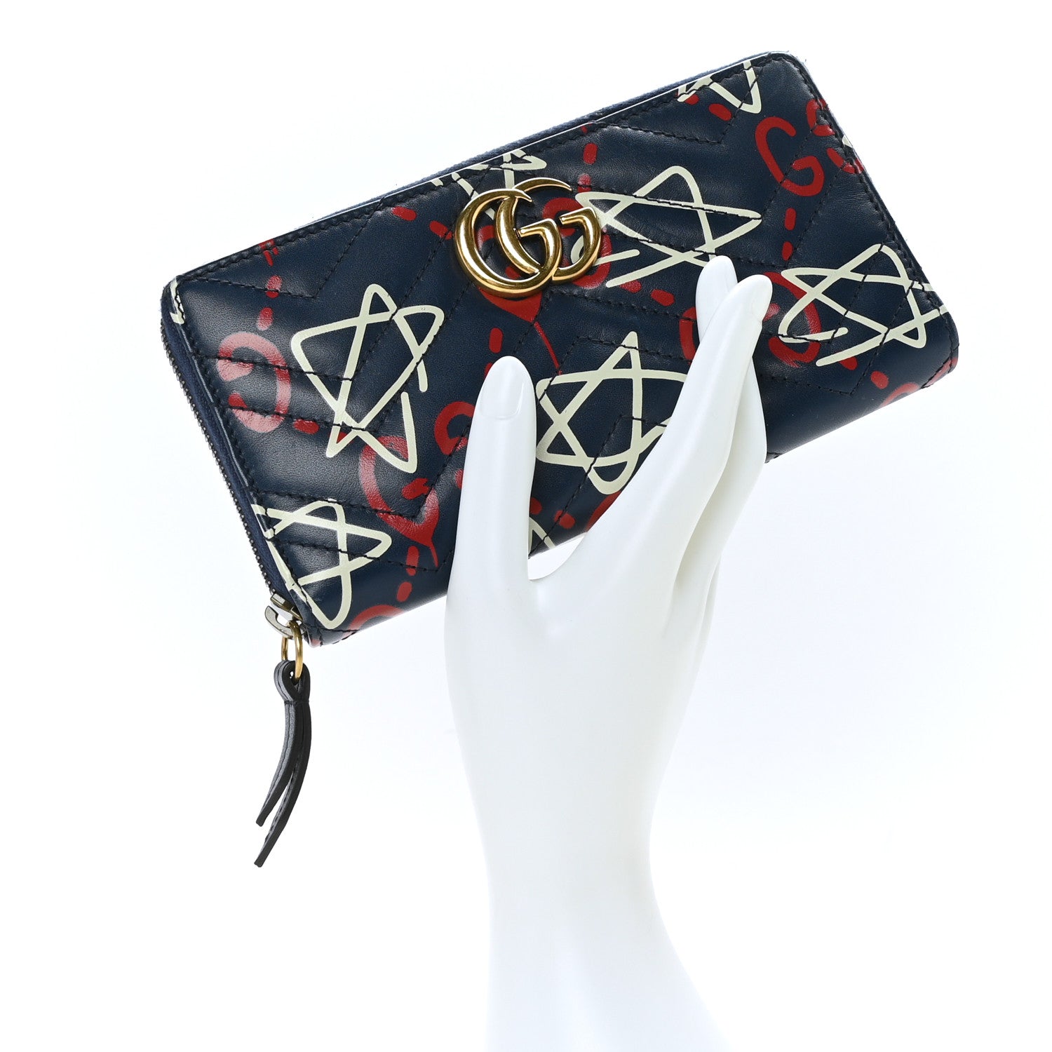 Gucci Calfskin Matelasse GucciGhost GG Marmont Zip Around Wallet Blue Agata Hibiscus Red 2 of 6