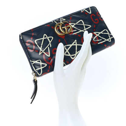 Gucci Calfskin Matelasse GucciGhost GG Marmont Zip Around Wallet Blue Agata Hibiscus Red 2 of 6