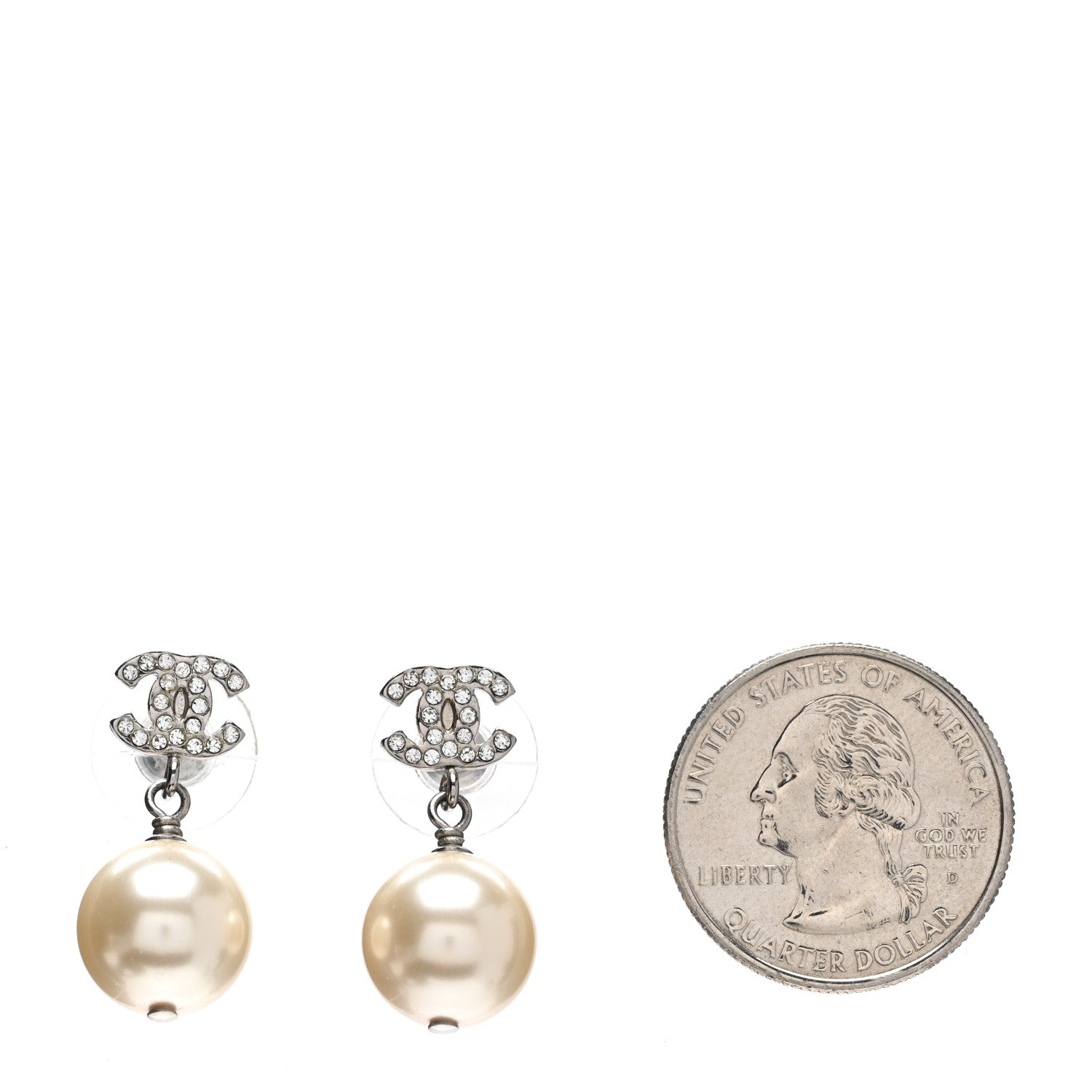 Chanel Crystal Pearl CC Drop Earrings Silver Pearly White 2 of 5