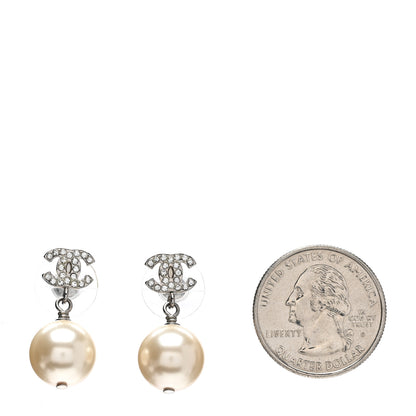Chanel Crystal Pearl CC Drop Earrings Silver Pearly White 2 of 5