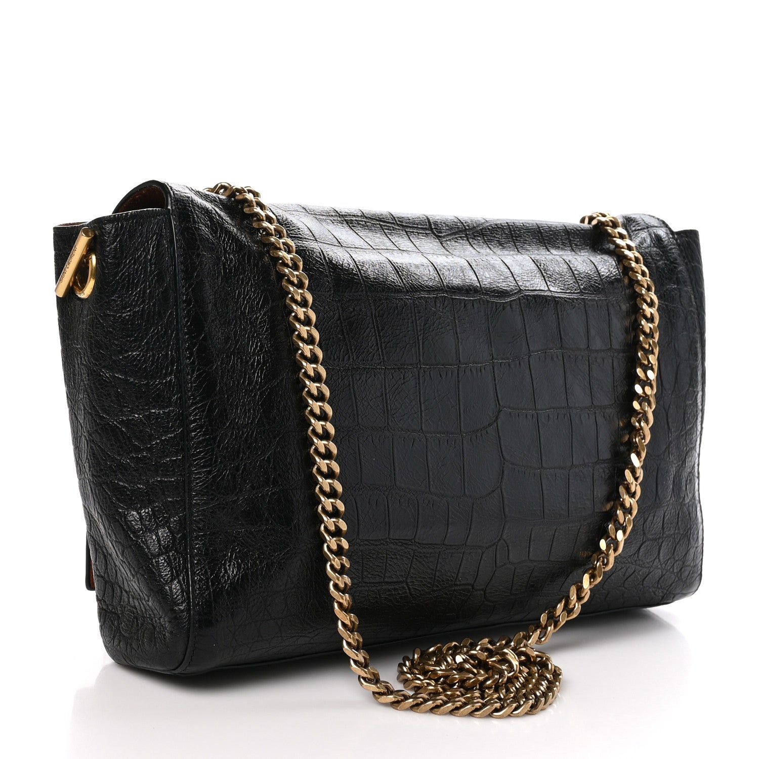 Saint Laurent Calfskin Crocodile Embossed Suede Medium Reversible Monogram Kate Satchel Military Taupe 3 of 10