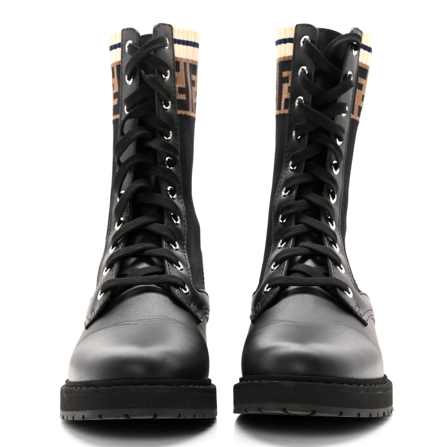 Fendi Calfskin Stretch Fabric Rockoko Biker Boots 38.5 Tobacco Black Marino 2 of 8