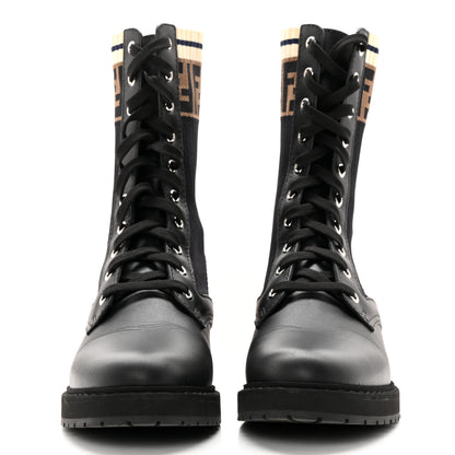 Fendi Calfskin Stretch Fabric Rockoko Biker Boots 38.5 Tobacco Black Marino 2 of 8