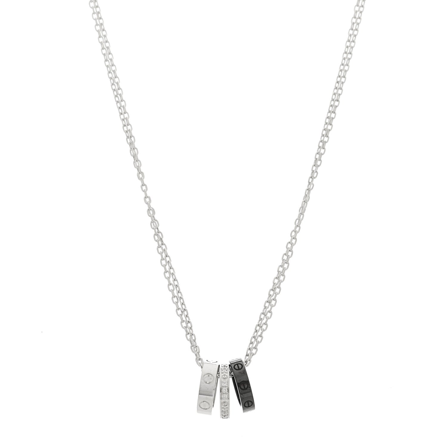 Cartier 18K White Gold Ceramic Diamond Three Ring LOVE Necklace 1 of 6