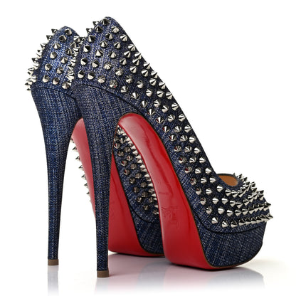 Christian Louboutin Denim Lame Lady Peep Spikes 150 Pumps 40 Blue 4 of 7
