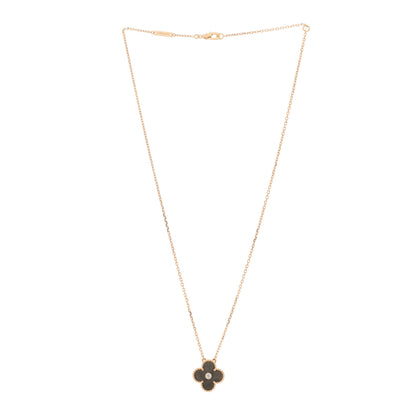 Van Cleef & Arpels 18K Rose Gold Diamond Silver Obsidian Vintage Alhambra Pendant Necklace 3 of 6