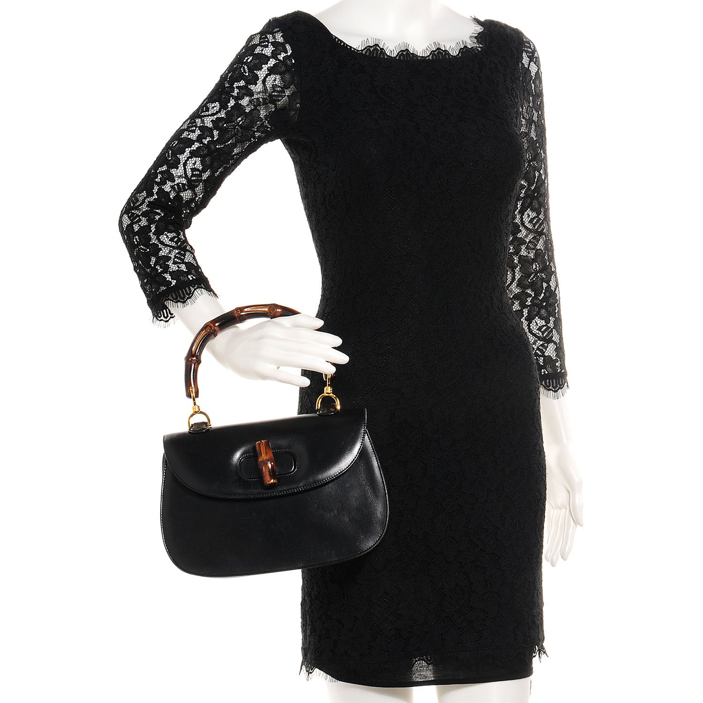 Leather Bamboo Top Handle Bag Black