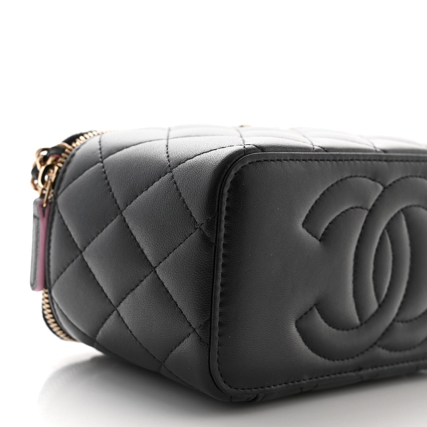 Lambskin Quilted Small Top Handle Vanity Case With Chain Black Lilac