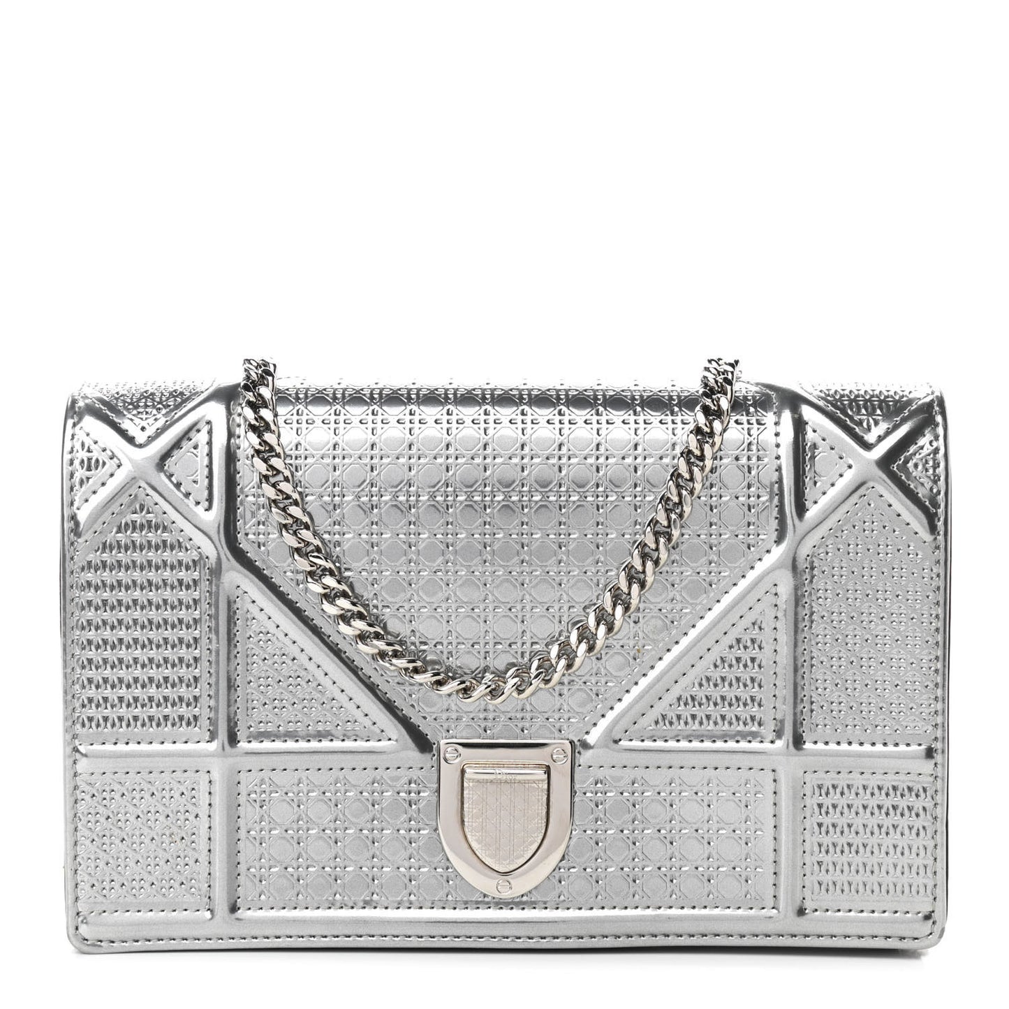 Metallic Patent Micro-Cannage Diorama Wallet on Chain Pouch Silver