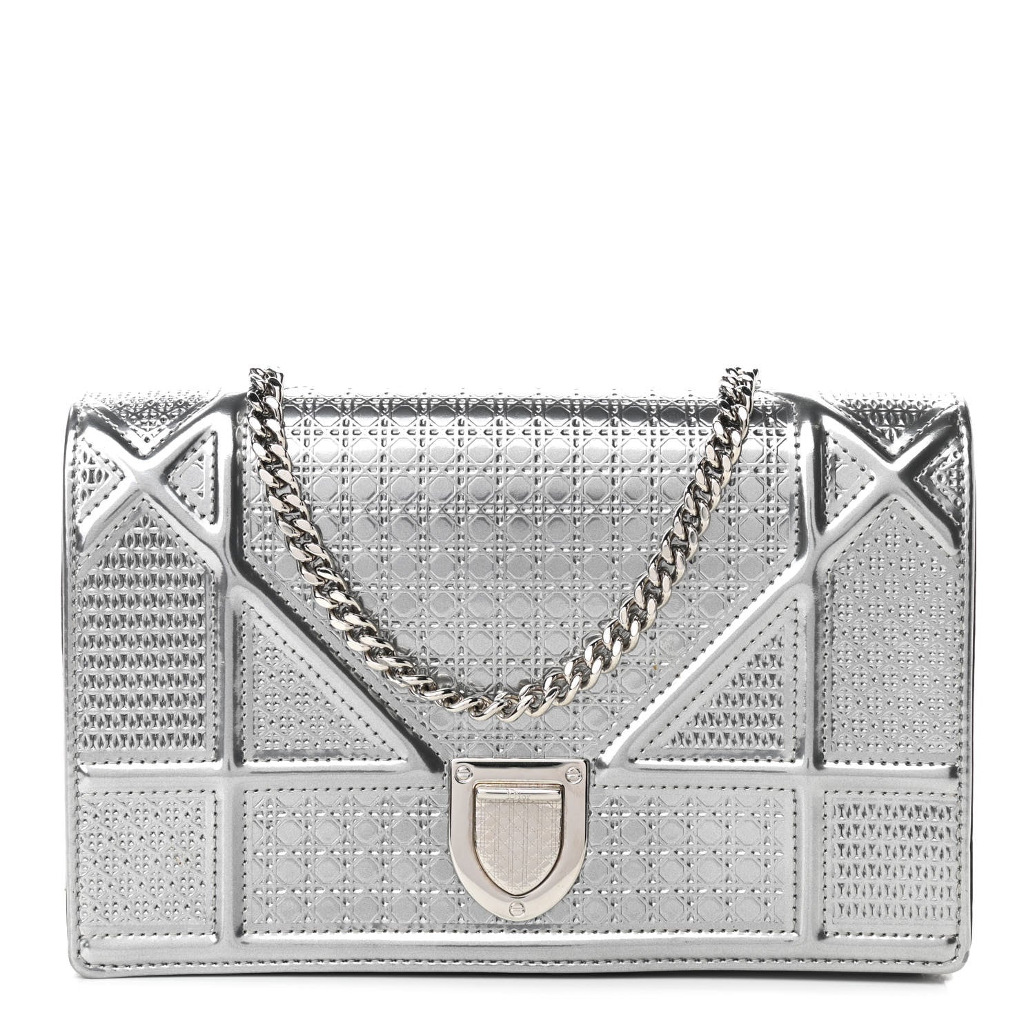 Christian Dior Metallic Patent Micro-Cannage Diorama Wallet on Chain Pouch Silver 1 of 9