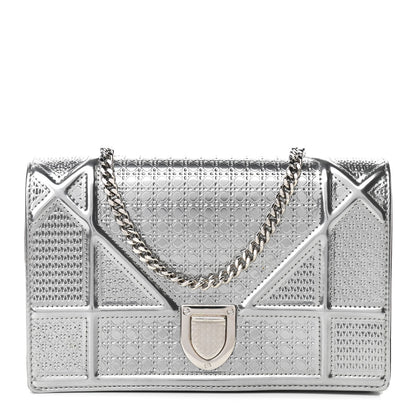 Christian Dior Metallic Patent Micro-Cannage Diorama Wallet on Chain Pouch Silver 1 of 9