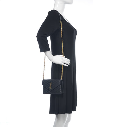 Saint Laurent Grain De Poudre Matelasse Chevron Monogram Envelope Chain Wallet Black 2 of 20