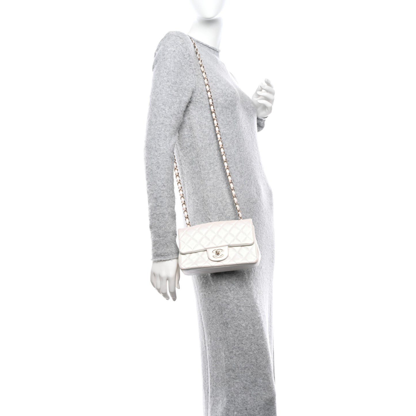 Iridescent Calfskin Quilted Mini Rectangular Flap White