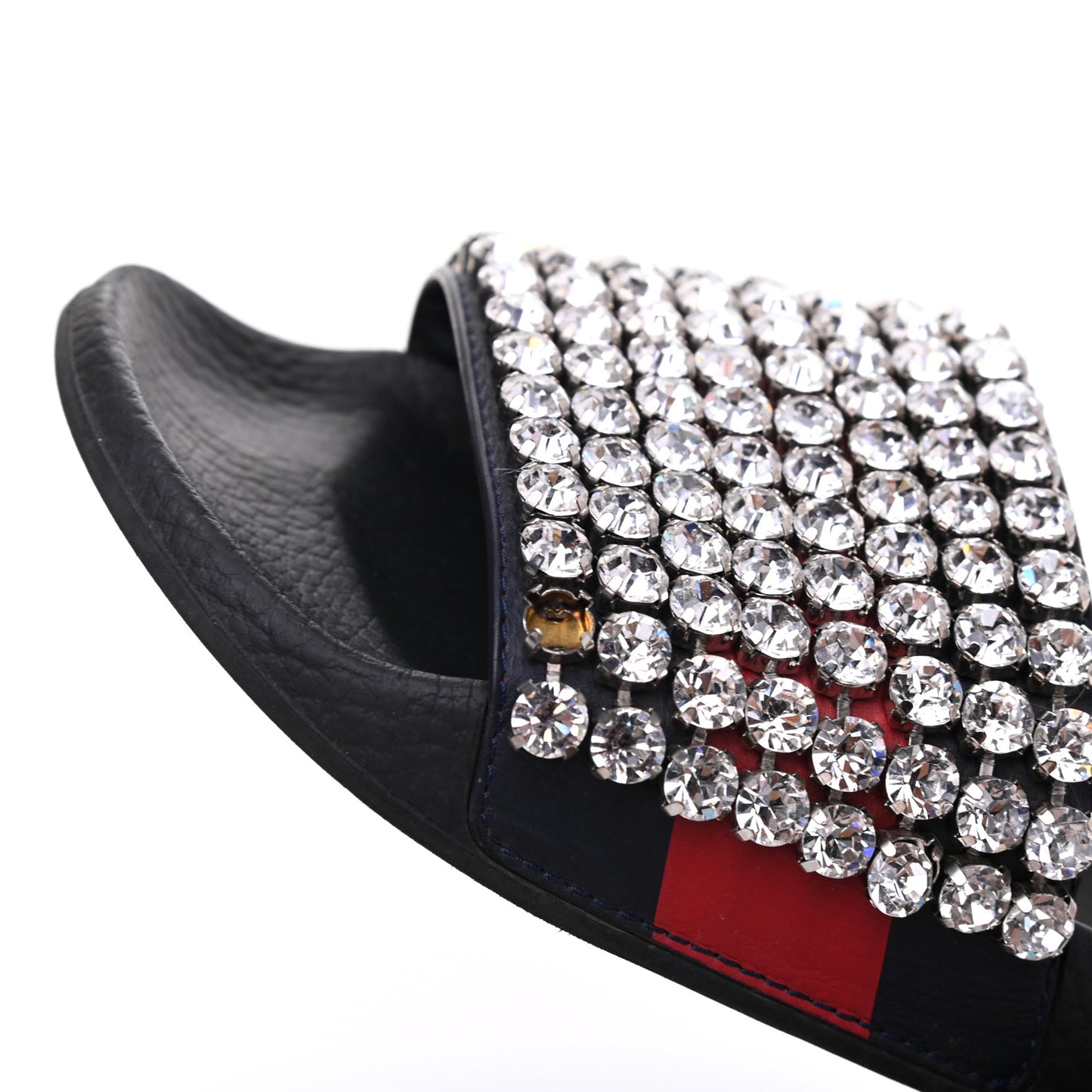Calfskin Crystal Embellished Web Slide Sandals 37 Blue Red