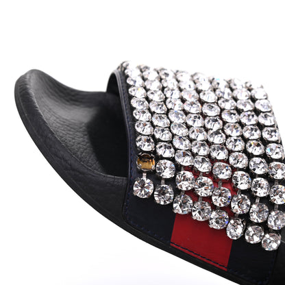 Gucci Calfskin Crystal Embellished Web Slide Sandals 37 Blue Red 12 of 12