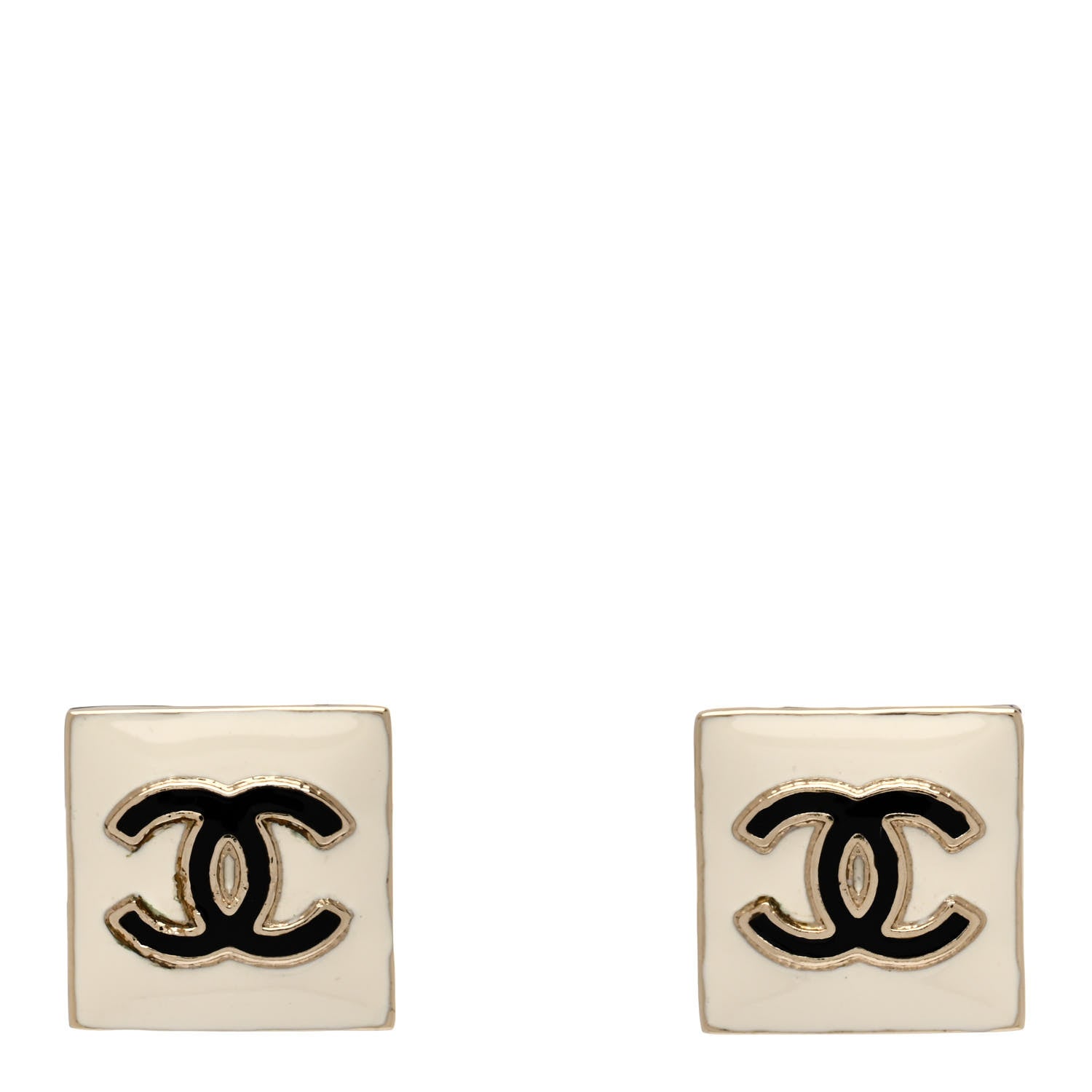 Chanel Metal Enamel CC Square Earrings Gold White Black 1 of 4
