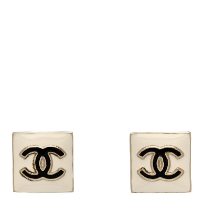 Chanel Metal Enamel CC Square Earrings Gold White Black 1 of 4