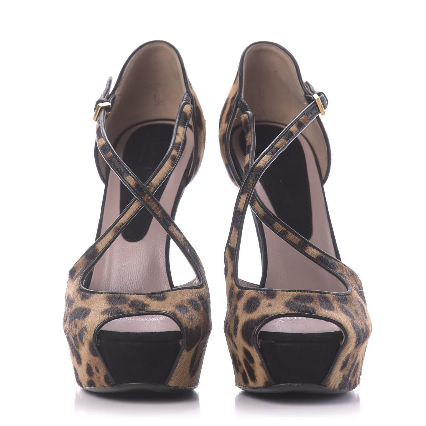 Calf Hair Suede Leopard Print Criss Cross Platform Pumps 39.5 Black