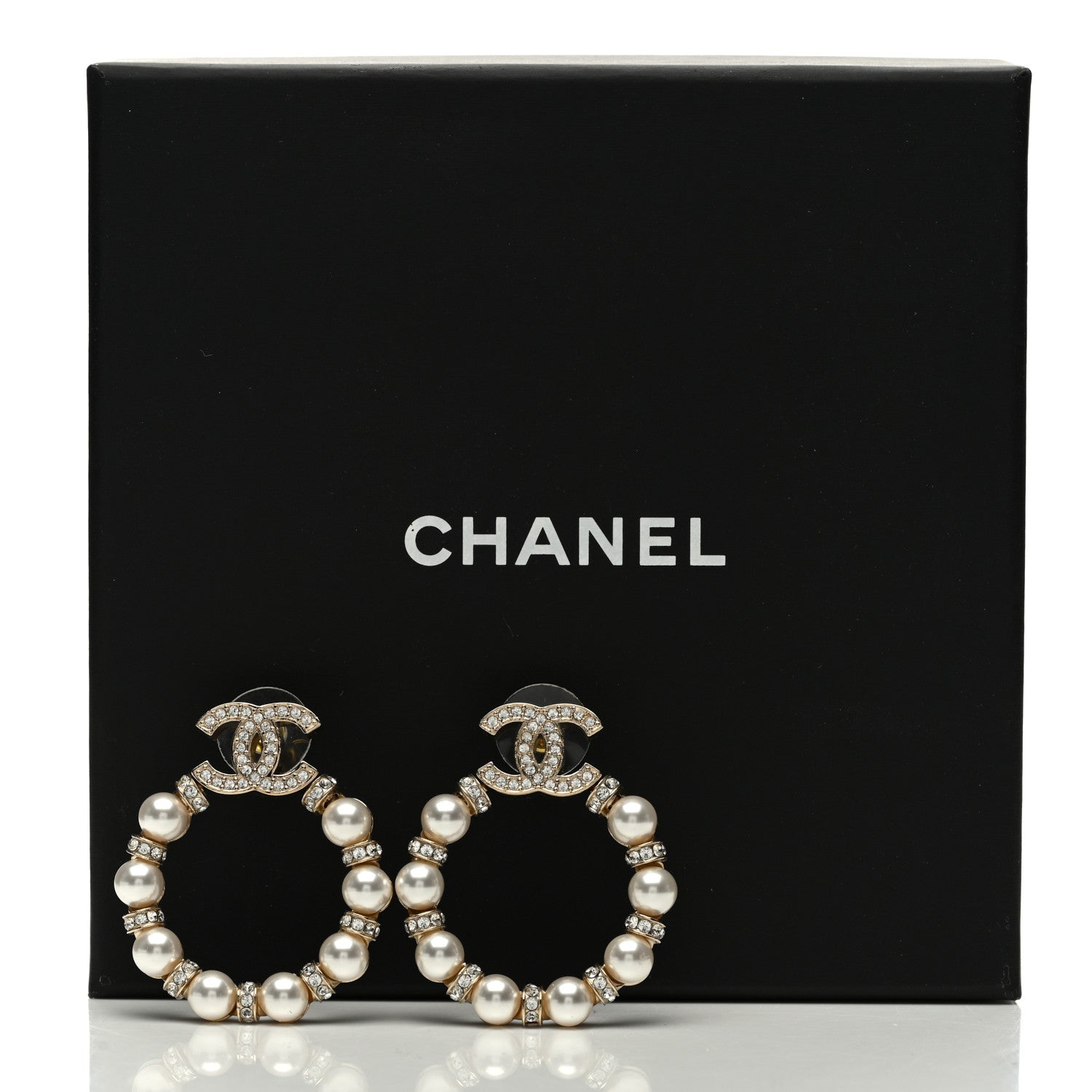 Chanel Crystal Pearl CC Hoop Earrings Gold Pearly White 5 of 5
