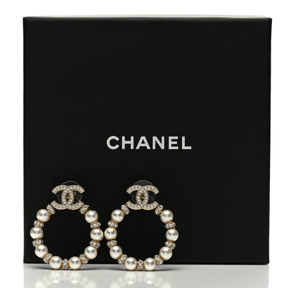 Chanel Crystal Pearl CC Hoop Earrings Gold Pearly White 5 of 5