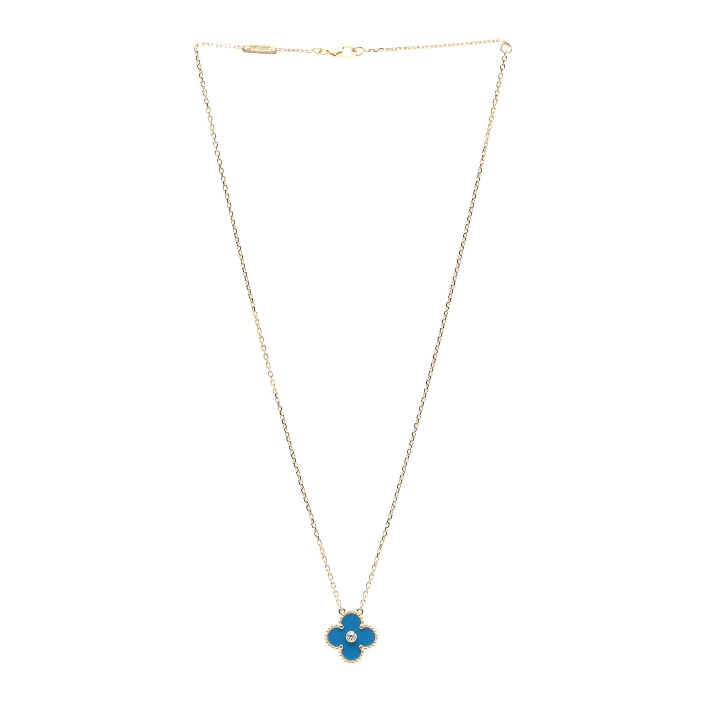 18K Yellow Gold Diamond Celestial Blue Sevres Porcelain Vintage Alhambra Pendant Necklace