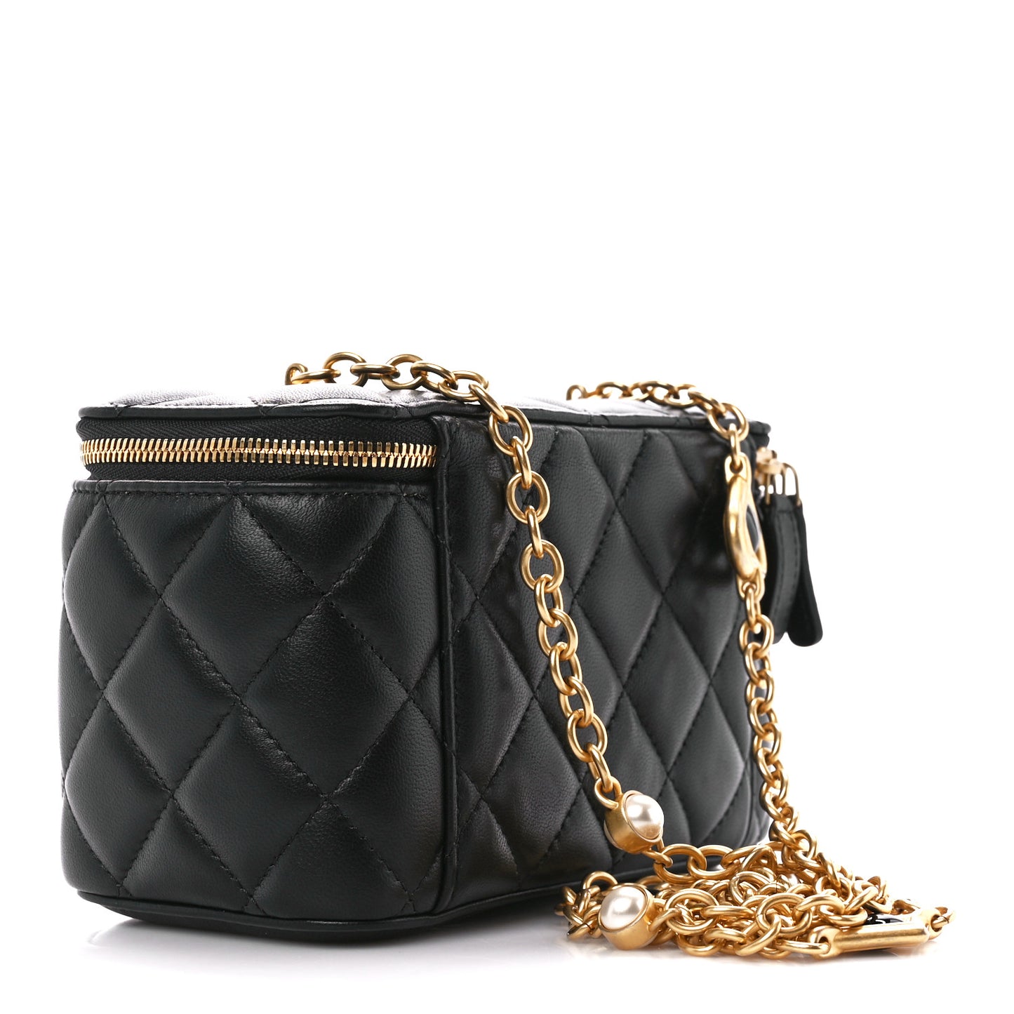Lambskin Enamel Pearl Quilted Small Charm Me Vanity Case With Chain Black