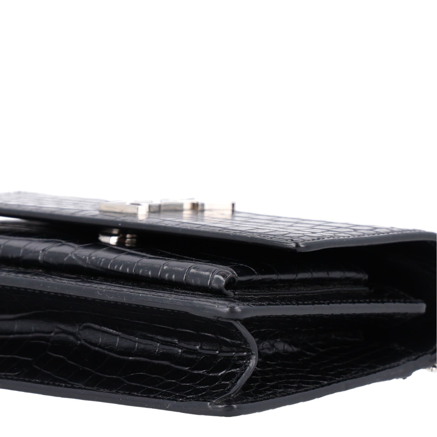Calfskin Crocodile Embossed Monogram Sunset Chain Wallet Black