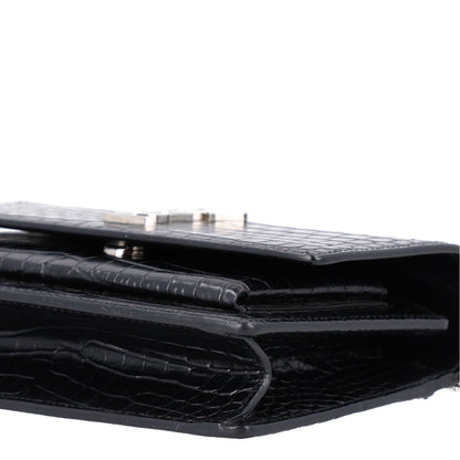 Saint Laurent Calfskin Crocodile Embossed Monogram Sunset Chain Wallet Black 11 of 11