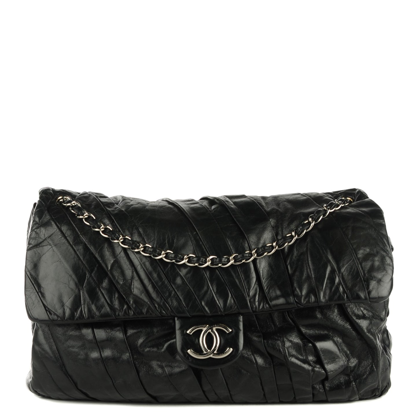 Glazed Calfskin Twisted Maxi Flap Black