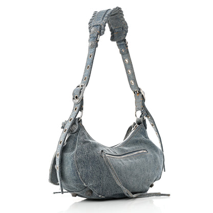 Balenciaga Washed Frayed Denim Crystal Small Le Cagole Shoulder Bag Blue 3 of 16