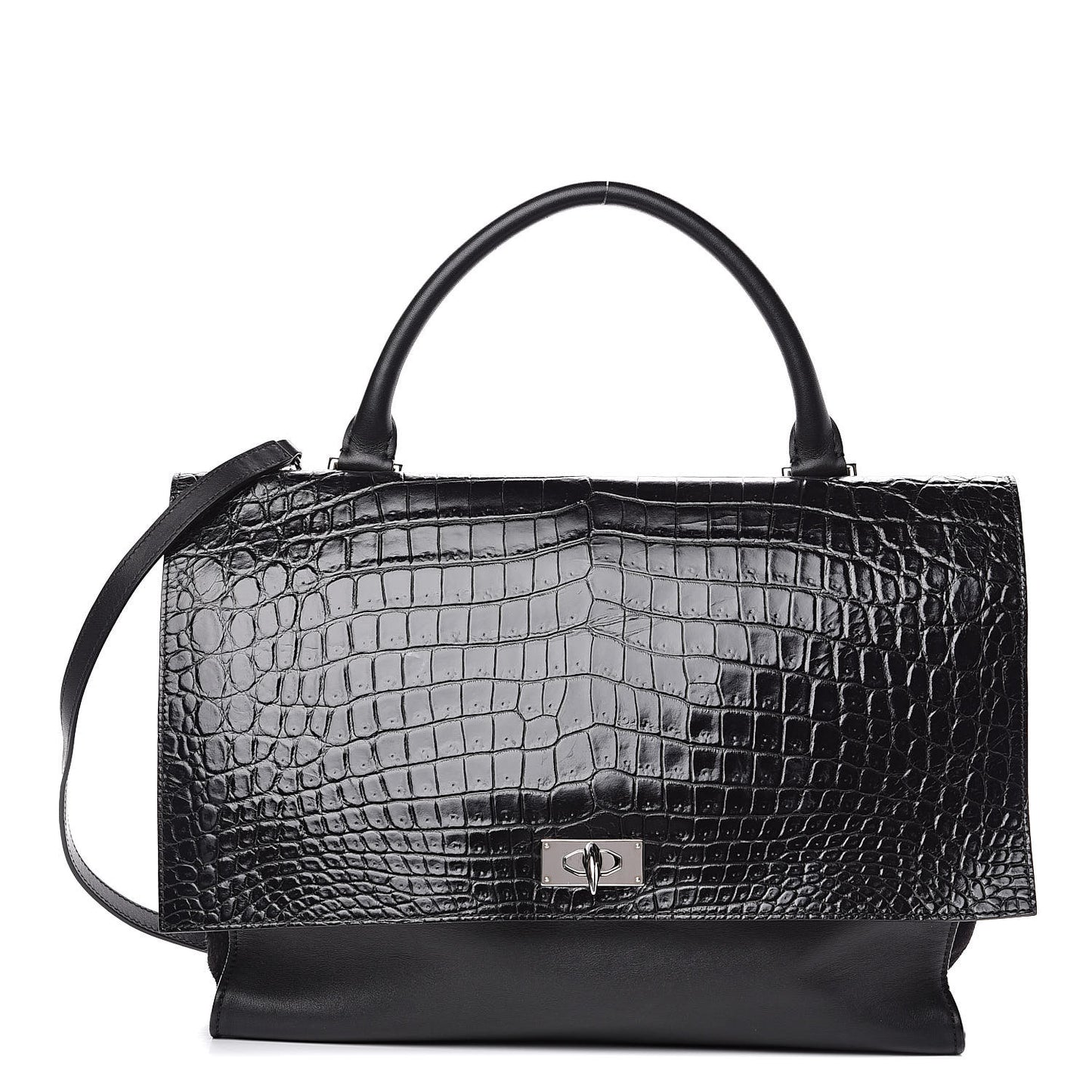 Calfskin Crocodile Embossed Medium Shark Lock Satchel Black