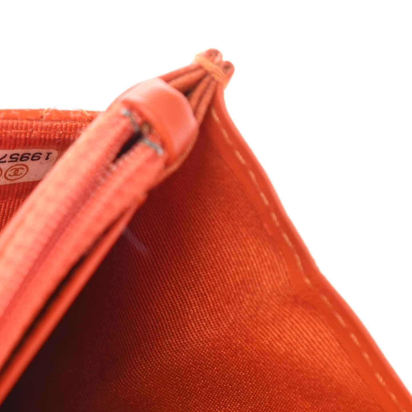 Distressed Patent Calfskin Quilted Wallet On Chain WOC Orange