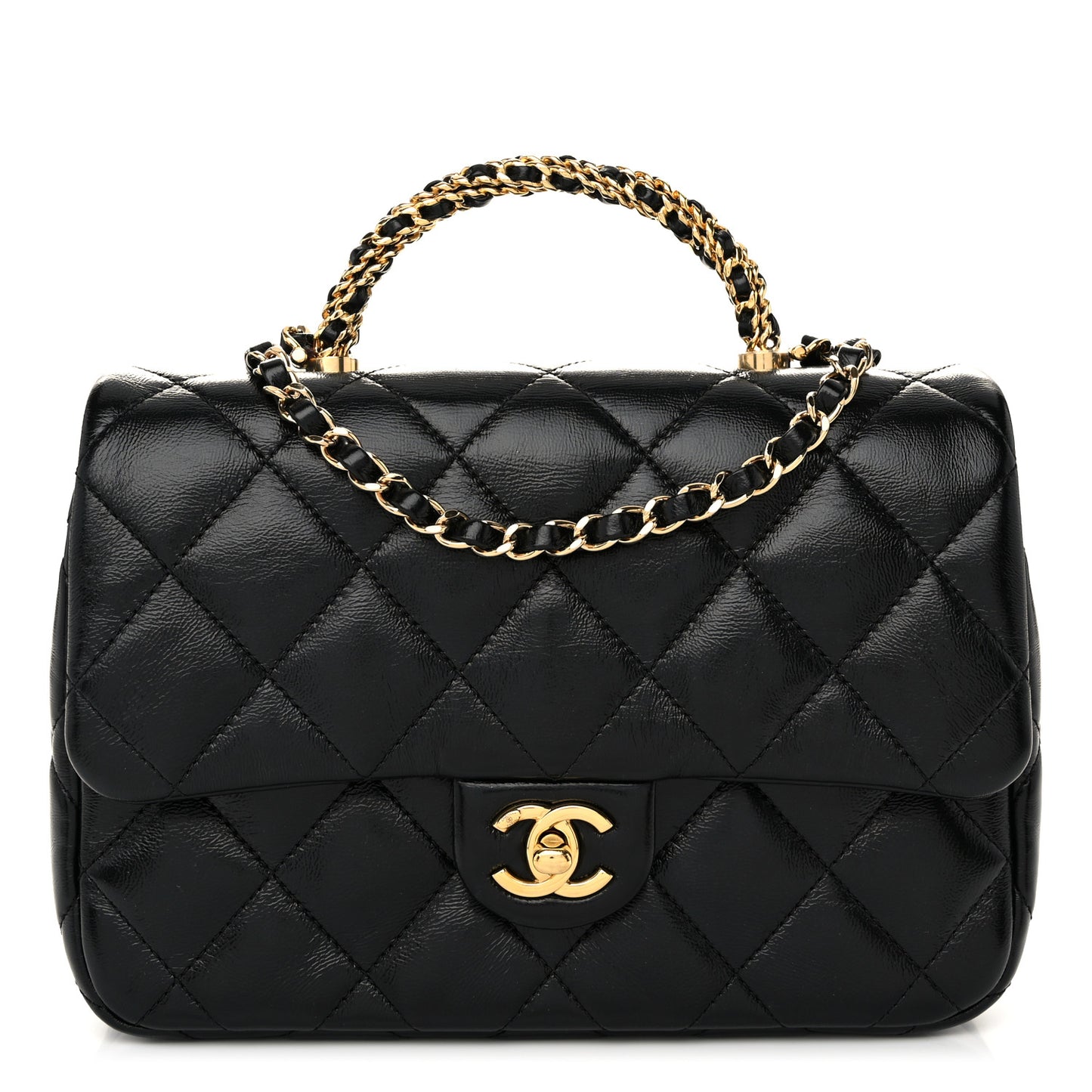 Shiny Lambskin Quilted Twisted Links Top Handle Flap Black