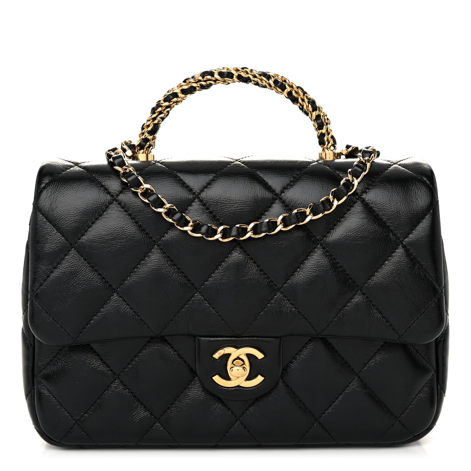 Chanel Shiny Lambskin Quilted Twisted Links Top Handle Flap Black 1 of 10