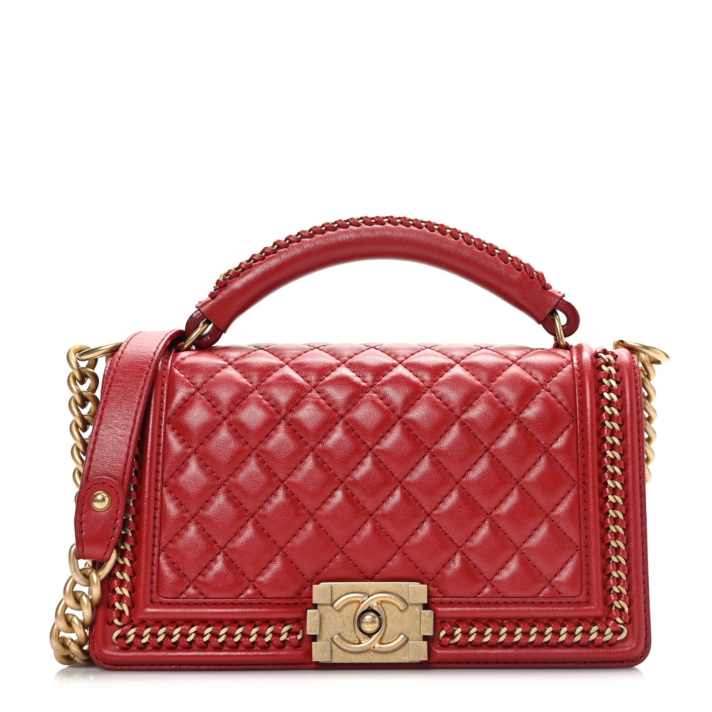 Lambskin Quilted Medium Top Handle Boy Flap Red