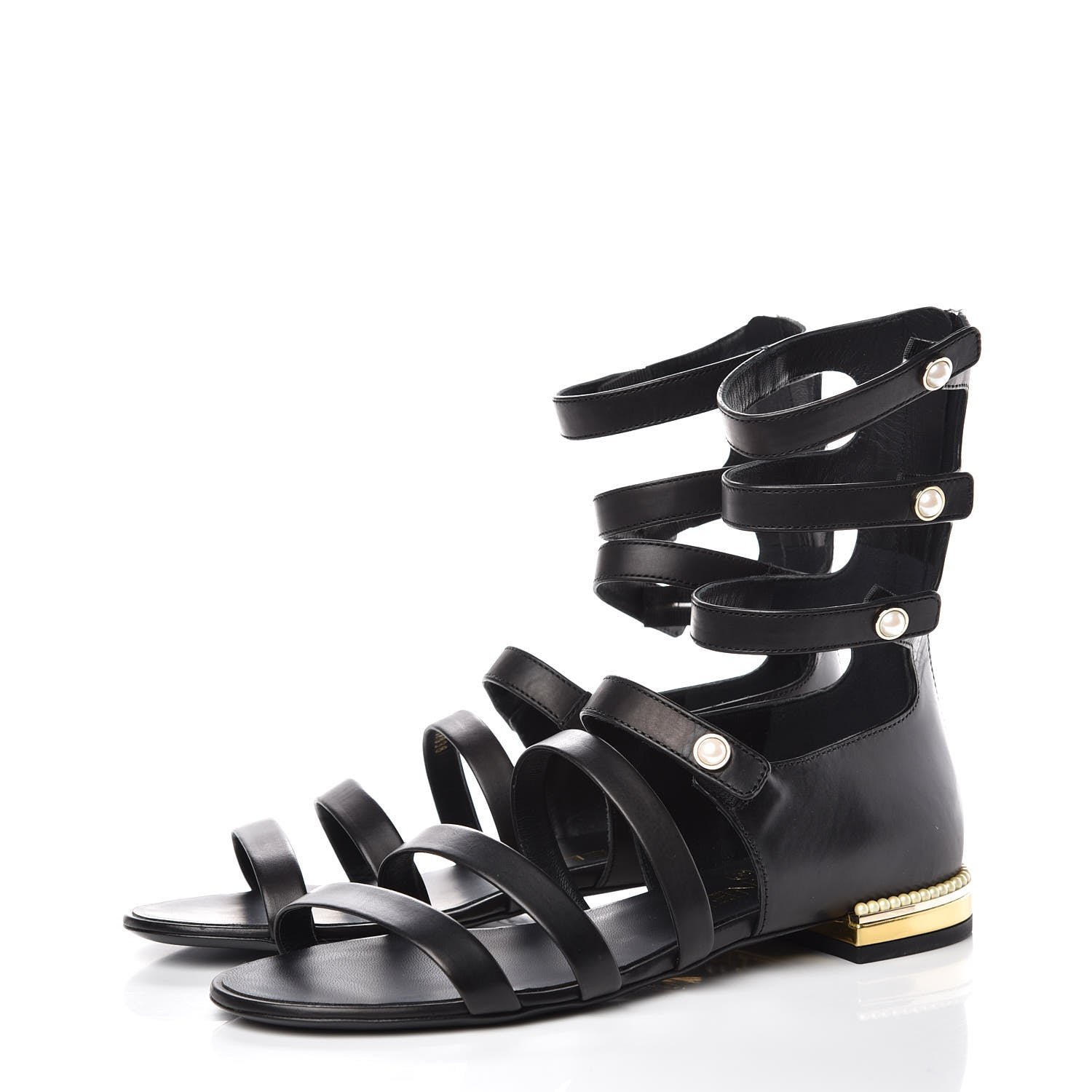 Chanel Calfskin Pearl Gladiator Sandals 36.5 Black 3 of 8