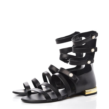 Chanel Calfskin Pearl Gladiator Sandals 36.5 Black 3 of 8
